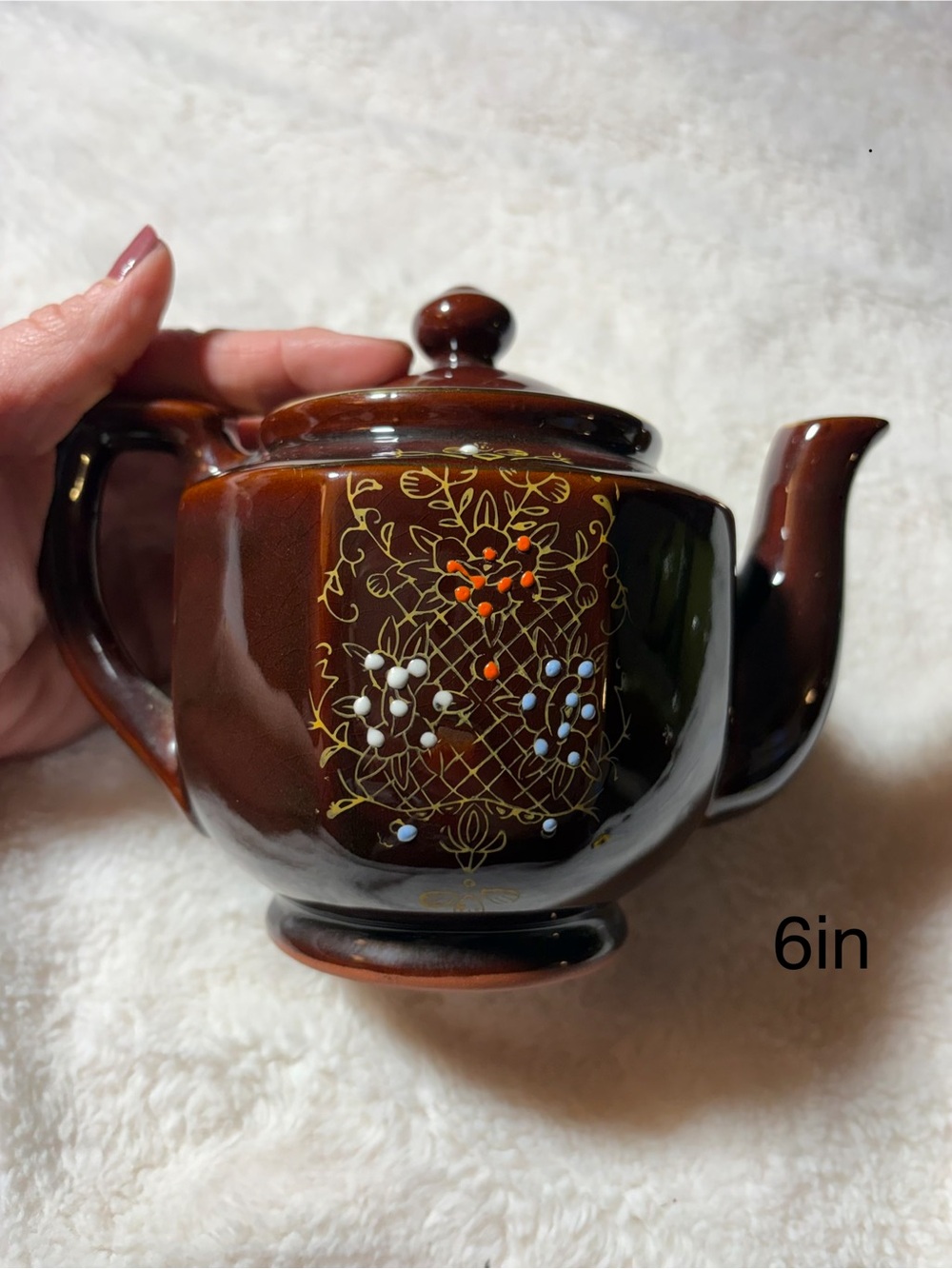 Brown Ceramic Teapot with Gold Floral Accents